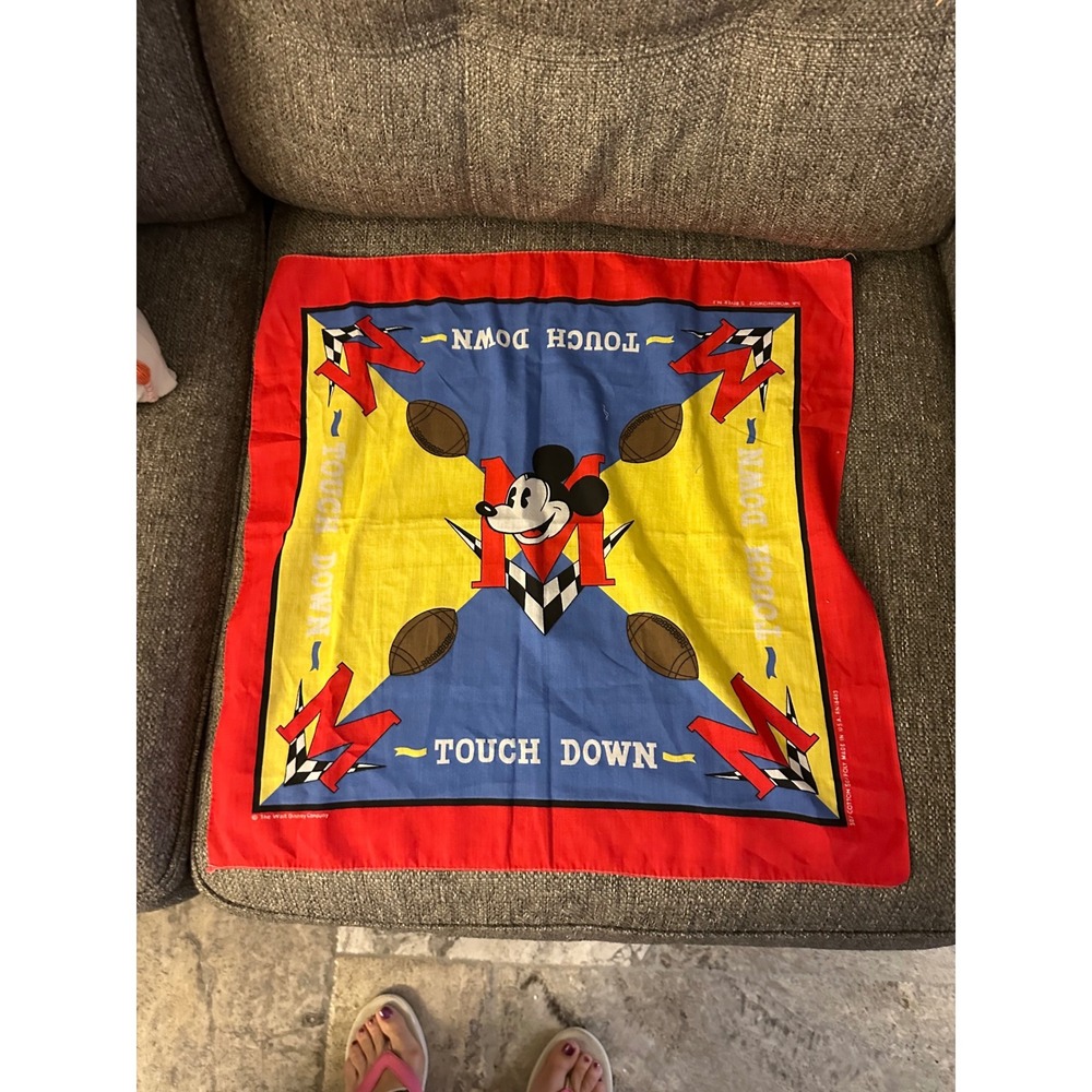 Vintage Disney Mickey Mouse Football Touchdown‎ Bandana Scarf 100% Cotton VGUC